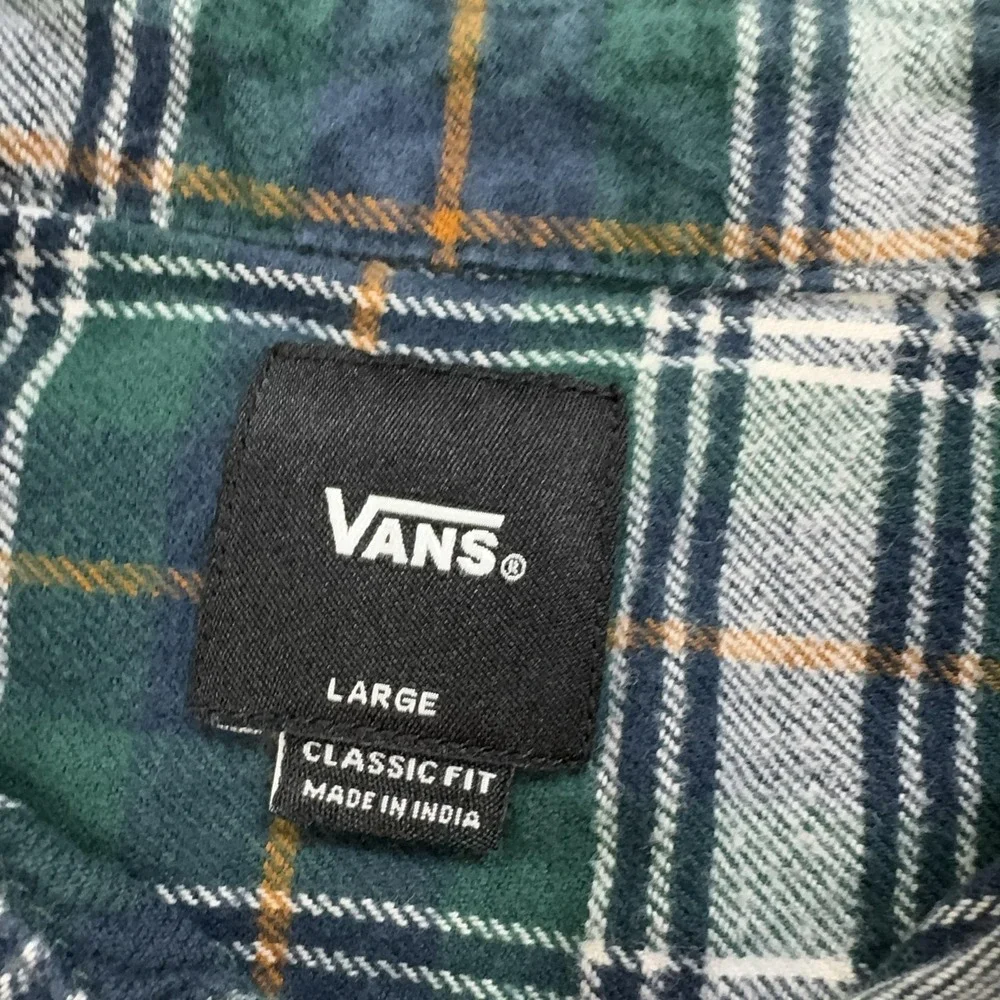 Vans Shirt Mens Large Green Plaid Long Sleeve Flannel Button Up Classic Fit